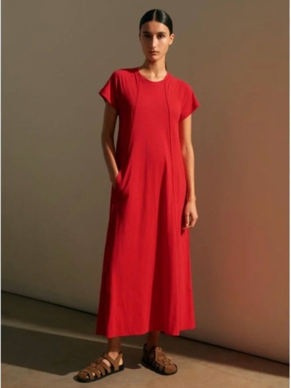 ME+EM Cotton Slub Jersey Midi Swing Dress Tulip Red 8 - Picture 3 of 16